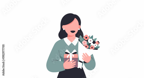 Woman holding a gift box and a bouquet of flowers.