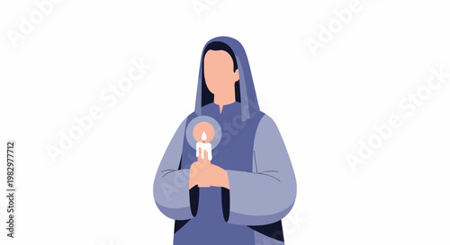 Woman holding a candle in a blue robe.