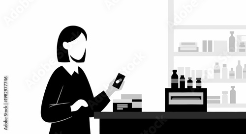 Woman holding smartphone in pharmacy looking at medication.