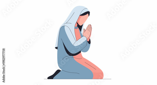 Woman in prayer wearing hijab and modest clothing.