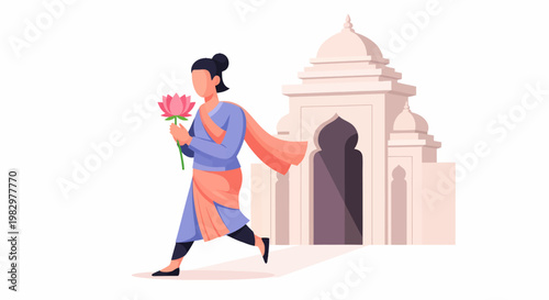 Woman in Traditional Indian Attire Holding Flowers Near Temple.