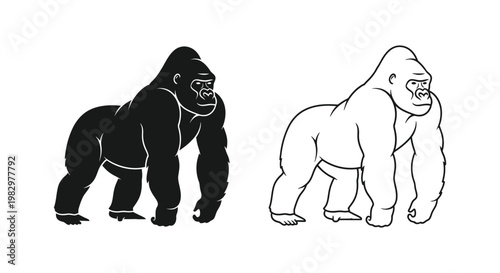 Gorilla vector silhouette and line art set, powerful silverback ape standing in side view, minimalist black and white primate mascot illustrations