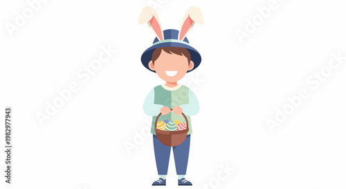 Young Boy Wearing Bunny Ears and Hat Holding Easter Basket.