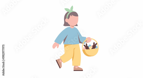 Young Girl Carrying Easter Basket with Bunny Ears.