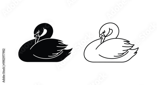 Minimalist swan vector icons, elegant black silhouette and line art swan set, graceful waterfowl bird illustrations for luxury branding and logo design