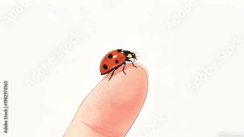 Watercolor Illustration of a Four-Spotted Red Ladybug Perched on the Tip of a Human Finger Against a Plain Soft White Background, Capturing Tiny Delicate Nature Up Close