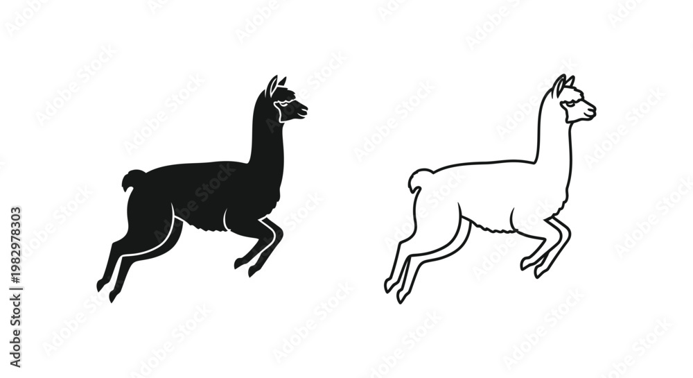 Fototapeta premium Minimalist llama silhouette and outline vector set, jumping alpaca animal icons, black and white farm livestock graphics for logo design