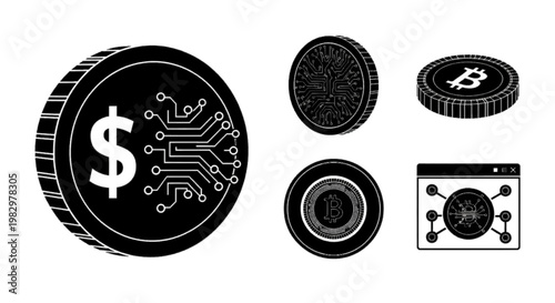 Vector illustration of set of digital currency icons, bitcoin and dollar coins with circuit board patterns on a transparent background