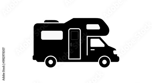 Vector illustration of black silhouette icon of a recreational vehicle or camper van on a transparent background