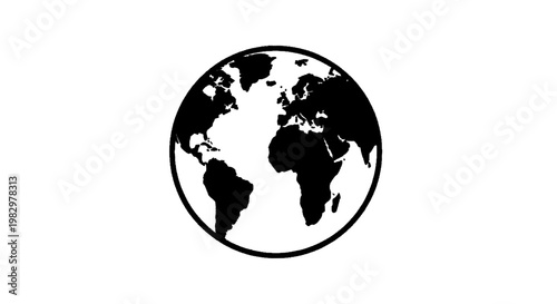 Vector illustration of black and white icon of the earth globe showing continents on a transparent background