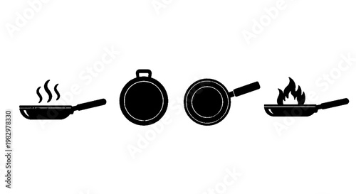 Vector illustration of set of black frying pan icons with steam and fire on a transparent background