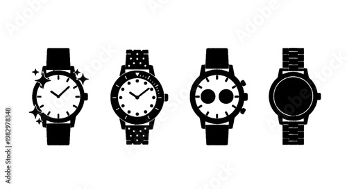 Vector illustration of set of four different wrist watch icons in flat black style on a transparent background