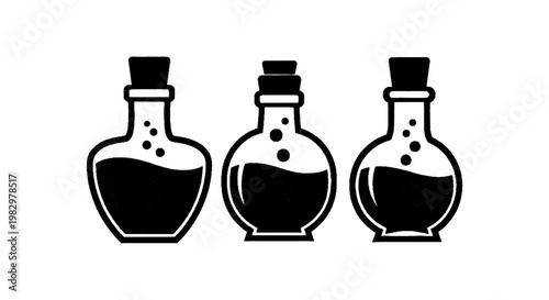 Vector illustration of set of three glass potion bottles with cork stoppers and bubbling liquid on a transparent background