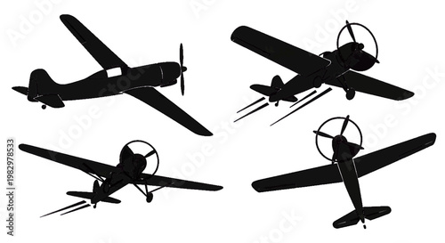 Vector illustration of set of silhouettes of vintage propeller airplanes in different flight positions on a transparent background