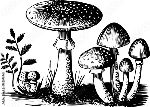 Vintage Black and White of Amanita Muscaria Mushrooms and Foliage White Background