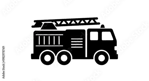 Vector illustration of black silhouette of a fire truck with a ladder on top on a transparent background