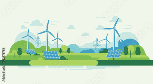 Sustainable green energy landscape with wind turbines and solar panels, eco friendly renewable power station vector, clean environment concept