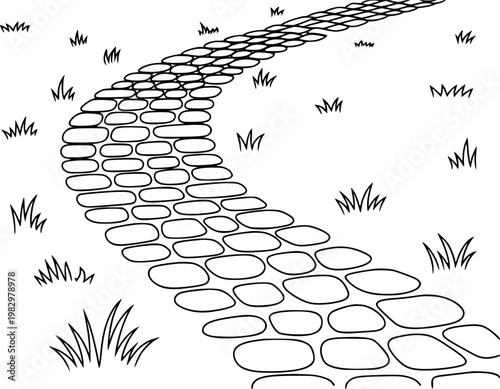 Winding cobblestone path with grass tufts in a simple line style walkway garden