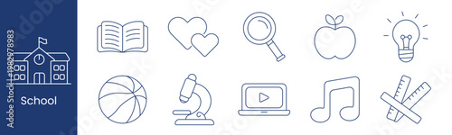 School set icon. Collection with open book, heart shapes, magnifier, apple, lightbulb, basketball, microscope, laptop video, music note, crossed rulers