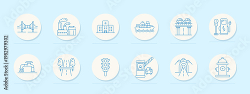Urban infrastructure set icon. Bridge, factory, hospital, cargo ship, highway, charging station, water pipe, road, traffic light, toll booth, tunnel, hydrant outline collection.