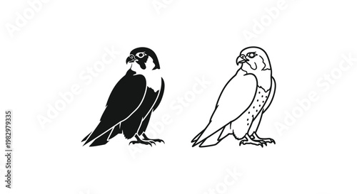 Peregrine falcon vector icons, black silhouette and line art bird of prey, predatory hawk profile graphics for wildlife logo design