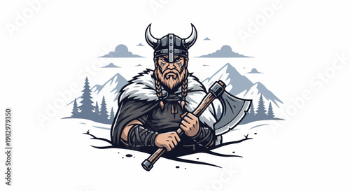 A fierce warrior with braids and an axe stands in a snowy landscape