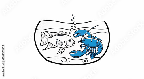 A fish and a blue lobster share a round glass aquarium with bubbles
