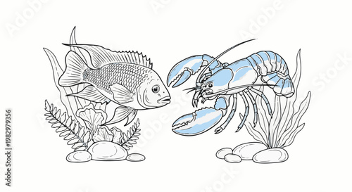 A fish and lobster illustration with aquatic plants and stones