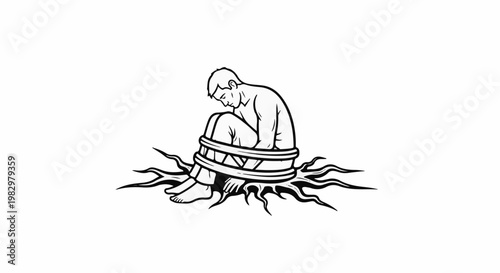 A figure is bound by ropes and entangled in dark, root-like tendrils