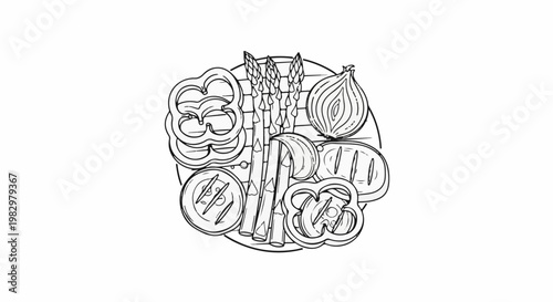 A flat illustration of assorted cut vegetables and asparagus arranged on a platter