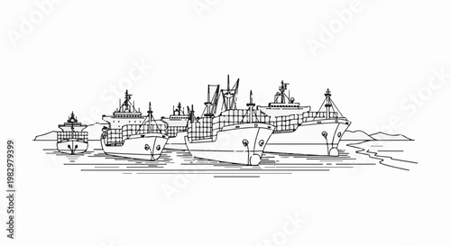 A fleet of large cargo ships anchored at sea near a hilly coastline