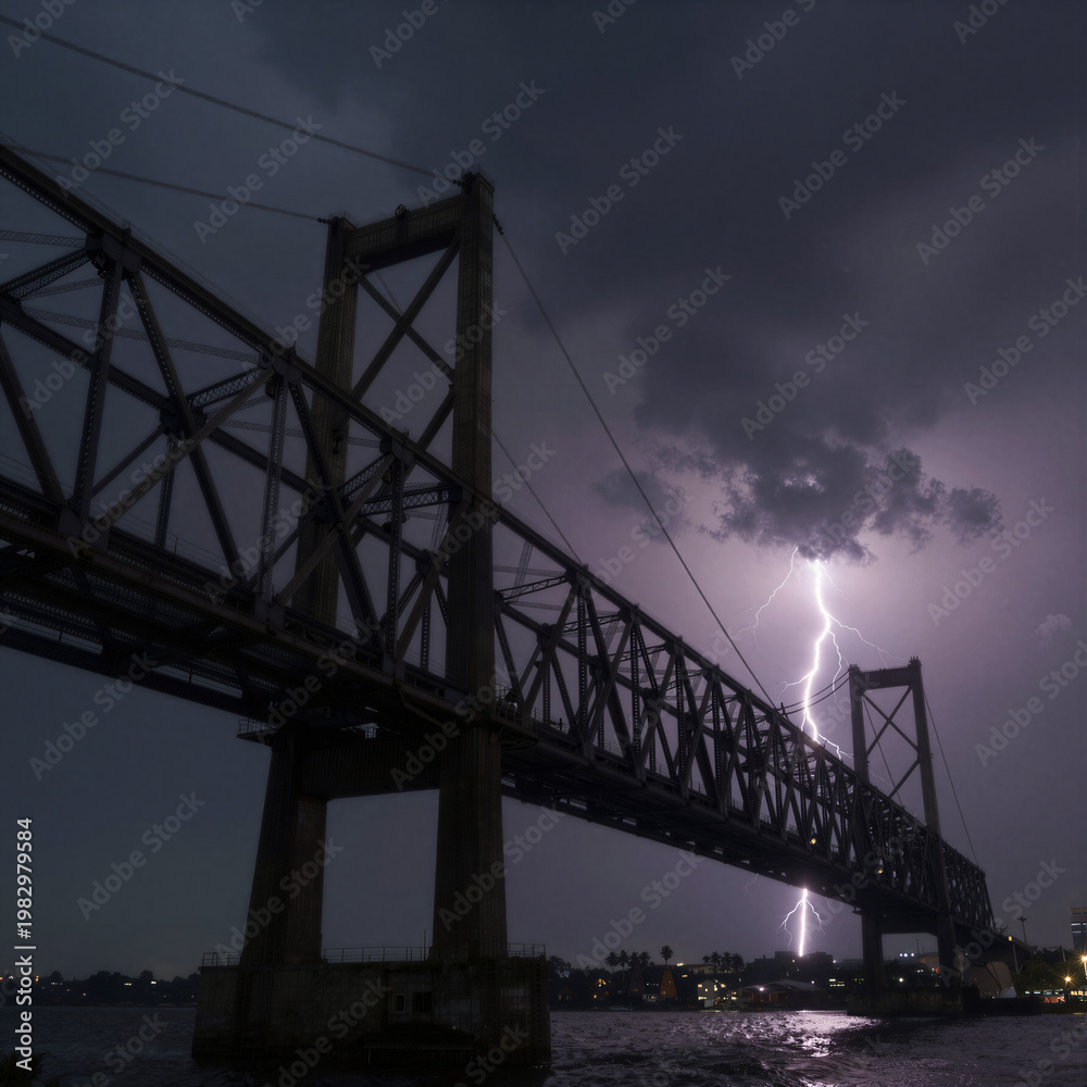Obraz premium Silhouette of a Steel Cantilever Bridge with Lightning in Stormy Sky