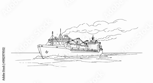 A freighter plows through icy waters, emitting thick smoke from its stacks