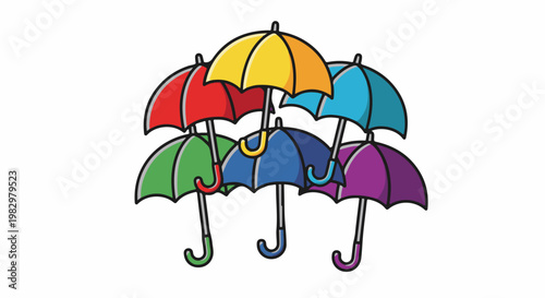 A group of colorful umbrellas are clustered together against a white background
