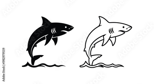 Minimalist shark vector icons, black silhouette and line art shark jumping from water, predatory sea animal mascot for sports logos and ocean branding