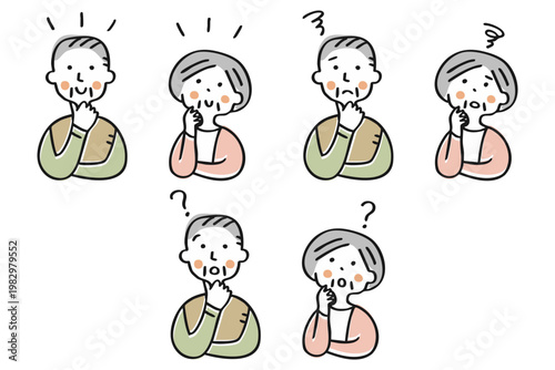 高齢な男女のリアクションセット　バリエーション笑顔、不満、はてな