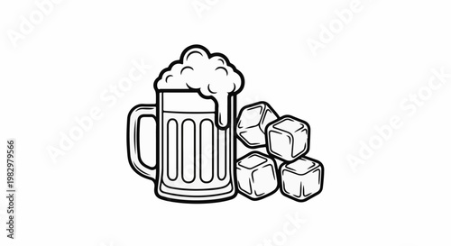 A frothy mug with five ice cubes beside it