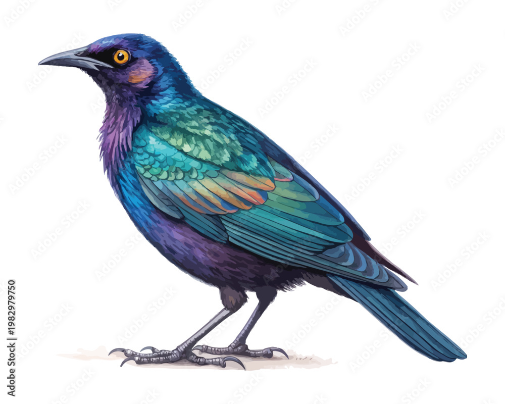 Fototapeta premium Watercolor Starling Bird Clipart, Glossy Wild Bird Illustration, Isolated on White