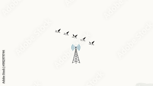 Minimalist Negative Space Illustration of a Migrating V-Formation Bird Flock Passing a Wireless Communication Transmission Tower