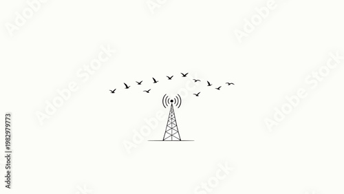 Minimalist Black and White Line Art of a Communications Transmission Tower With Flocks of Birds Flying in an Arc Around Its Signal Broadcast