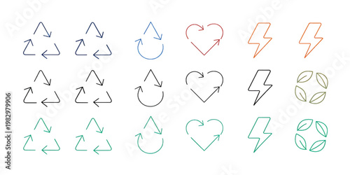 Recycle, reuse, renewable icons. Vector thin line outline stroke illustration signs in triangle, drop, heart, leaves and bolt shape