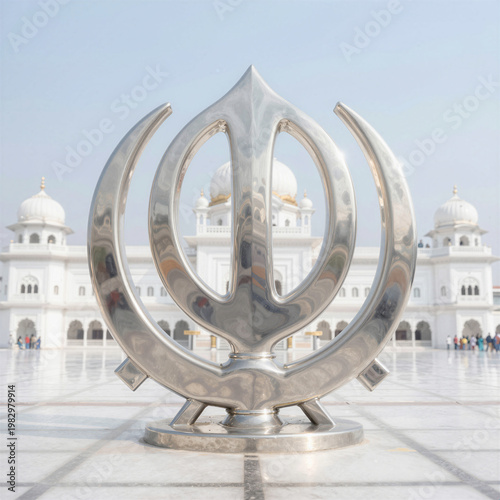 Polished steel Khanda symbol with reflection of a Sikh gurdwara in the background