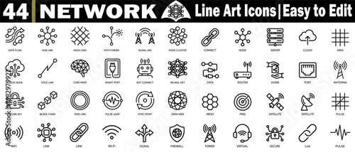 Network line art icons. Easy to edit data flow hub link mesh grid pathfinder signal node server cloud grid icons, vector illustration.