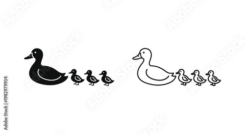 Minimalist duck and ducklings icon set, black and white mother duck with three baby birds, simple line art waterfowl family vector illustration