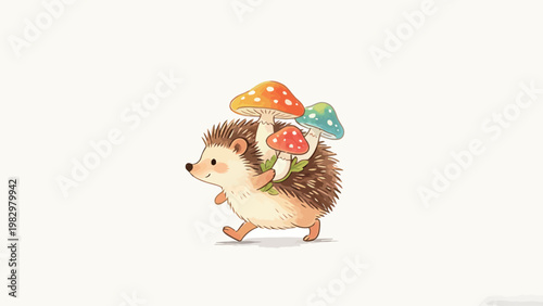 Cute Watercolor Illustration of a Cheerful Little Hedgehog Walking While Carrying Fresh Foraged Colorful Spotted Mushrooms on its Back on a Plain Soft Background