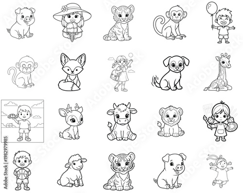 Collection of Cute Animals and Children in Vector Illustration Style
