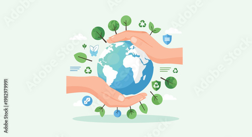 Environmental protection vector illustration, human hands cradling planet earth, ecology and sustainability concept with green trees and recycle icons