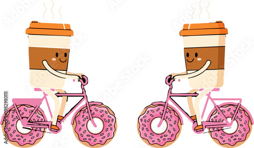 Two cute coffee cups with friendly smiling faces ride whimsical bicycles that feature bright pink frosted donuts as round wheels in this cheerful and playful cartoon style vector illustration design