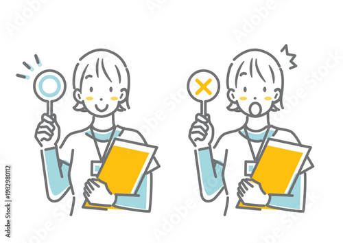 マルバツのプレートを見せながら説明をするスポーツインストラクター　シンプルでお洒落な線画イラスト