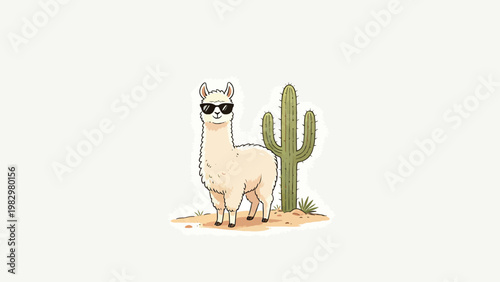 Cool Minimalist Illustration of a Stylish Cream Alpaca Wearing Black Sunglasses Standing Beside a Saguaro Cactus in a Sandy Desert Patch on a Plain Off-White Background
